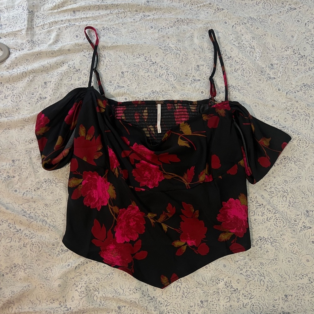 Free People Black and Red Floral Blouse